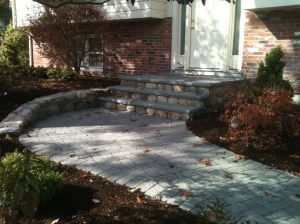 Brick and granite walkway and steps in Medfield, Massachusetts. 